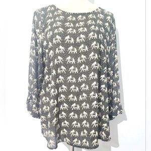 Pixley Elephant Print Blouse Top XL Black White 3/4 Sleeve Boho Animal Pattern